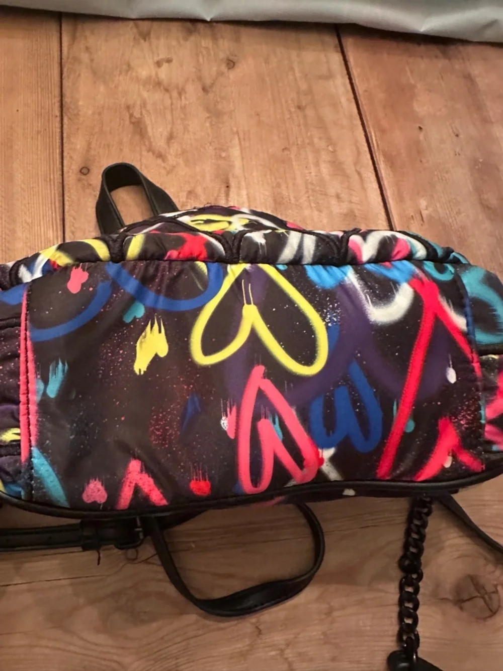 Graffiti Sweetie backpack by Betsey Johnson Multicolor Heart Print Quilted